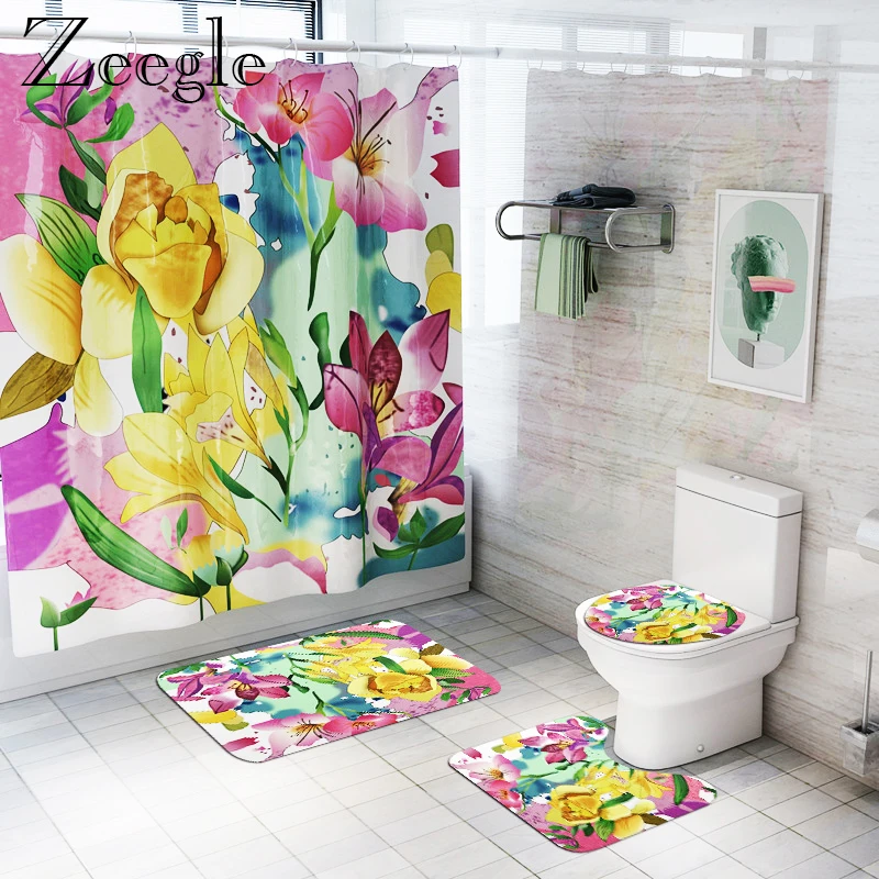 

Bathroom Curtain Waterproof Shower Curtain Bathroom Doormat Non-slip Toilet Cover Mat Absorbent Toilet Pedestal Rug Bath Mat Set