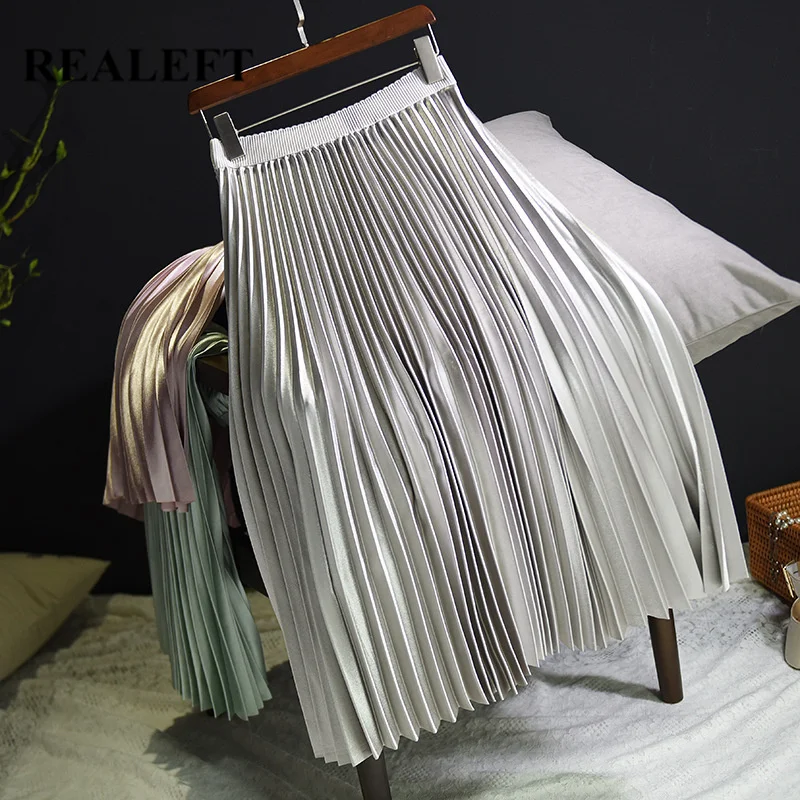 REALEFT Новинка весна лето женские плиссированные длинные юбки стрейч Высокая талия Женская длинная юбка женские элегантные юбки Saia