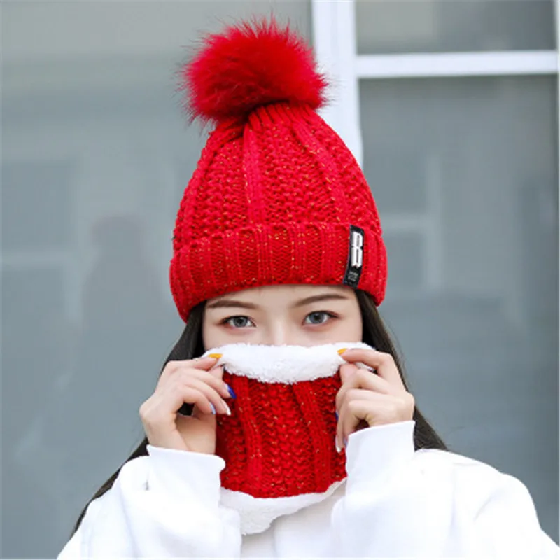 

2019 Wool Knitted Thick Winter Pompom Skullie Beanies Rings Set Women MS Cap Hat Scarf Neck Ear Warm Fashion Accessories-CGC-W7