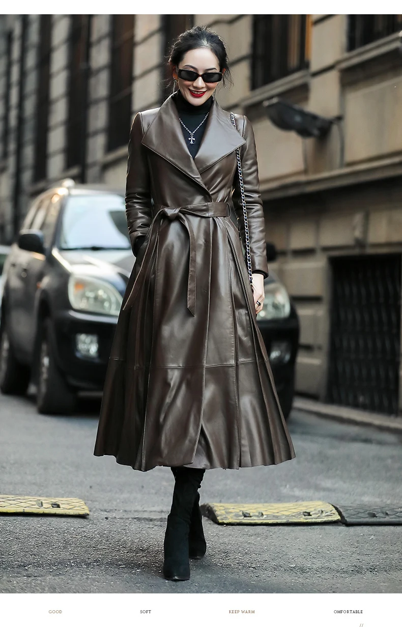 Nerazzurri otoño abrigo largo de cuero para mujer cinturón de manga 