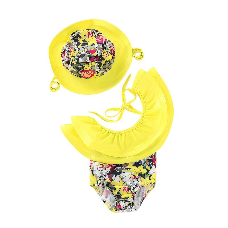 2 шт. для маленьких девочек Swimmsuit+ Шапки Одна деталь с открытыми плечами бикини купальный костюм с рисунком купальник ванный комплект костюм Костюмы - Цвет: Цвет: желтый