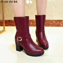 Зимние женские модельные Ботинки martin до середины икры на высоком каблуке Женская обувь Туфли-лодочки на платформе из искусственной кожи на молнии вечерние женские зимние ботинки G504