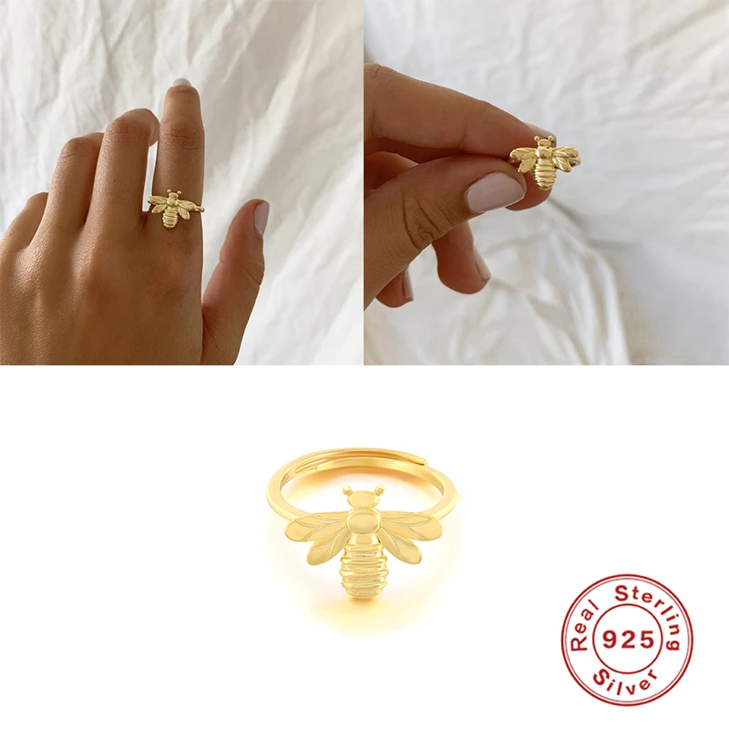 

GS New 925 Sterling Silver Small Bee Rings 18K Gold Plated Stacking Finger Rings For Women Adjustable Open Ring Fine Jewelry