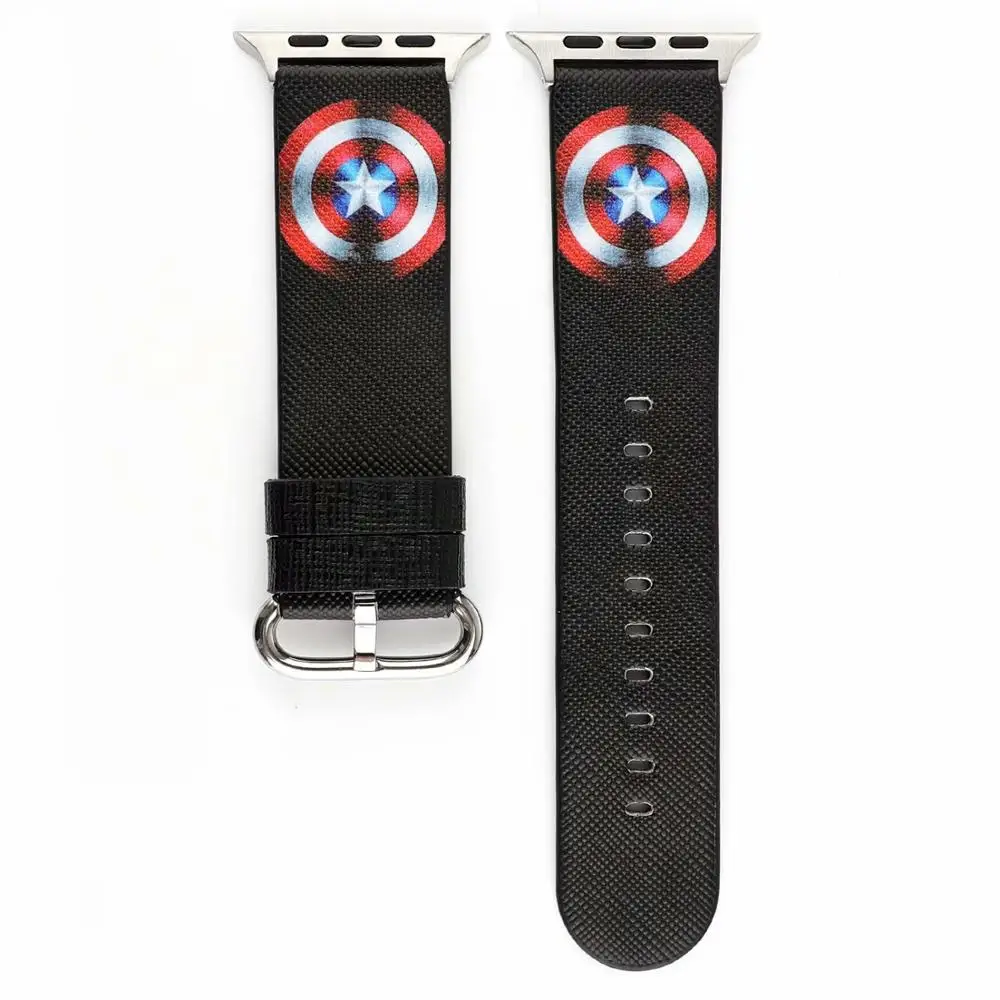 Мультипликационный стиль, кожаный ремешок для наручных часов Apple Watch Series 5/4/3/2/1 классических героев ремни браслет для наручных часов iwatch, 44/42 мм 40/38 мм - Цвет ремешка: Captain America