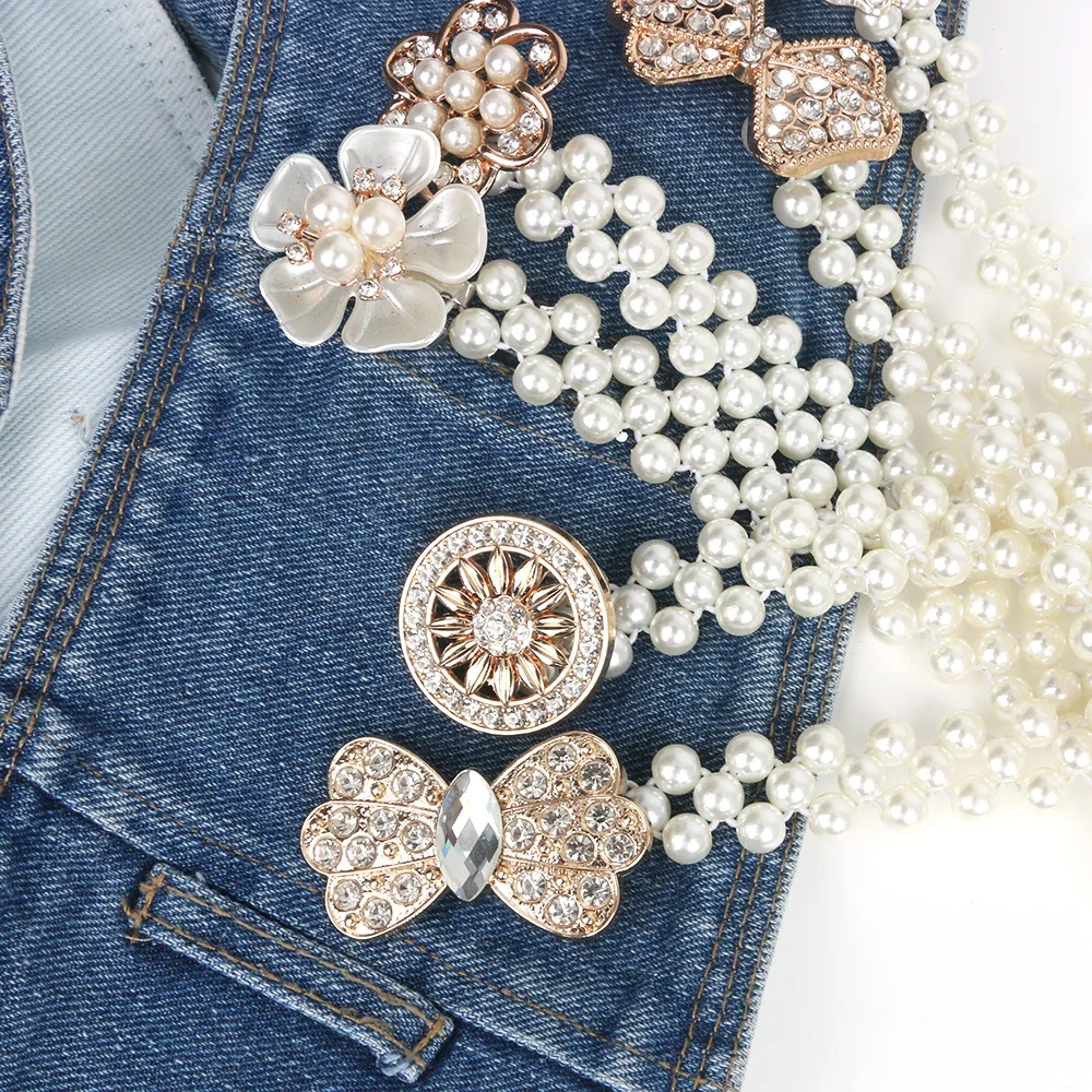 Elasticity Weave White Pearl Belt for ladies/girl beads Rhinestone strass Butterfly Flower Buckel rubber Weave Waist Decorative