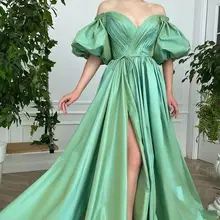 

RANMO 2021 New Fluorescent Green Taffeta A Line Long Evening Dresses Off Shoulder Puff Short Sleeves Slit Special Occasion Gown