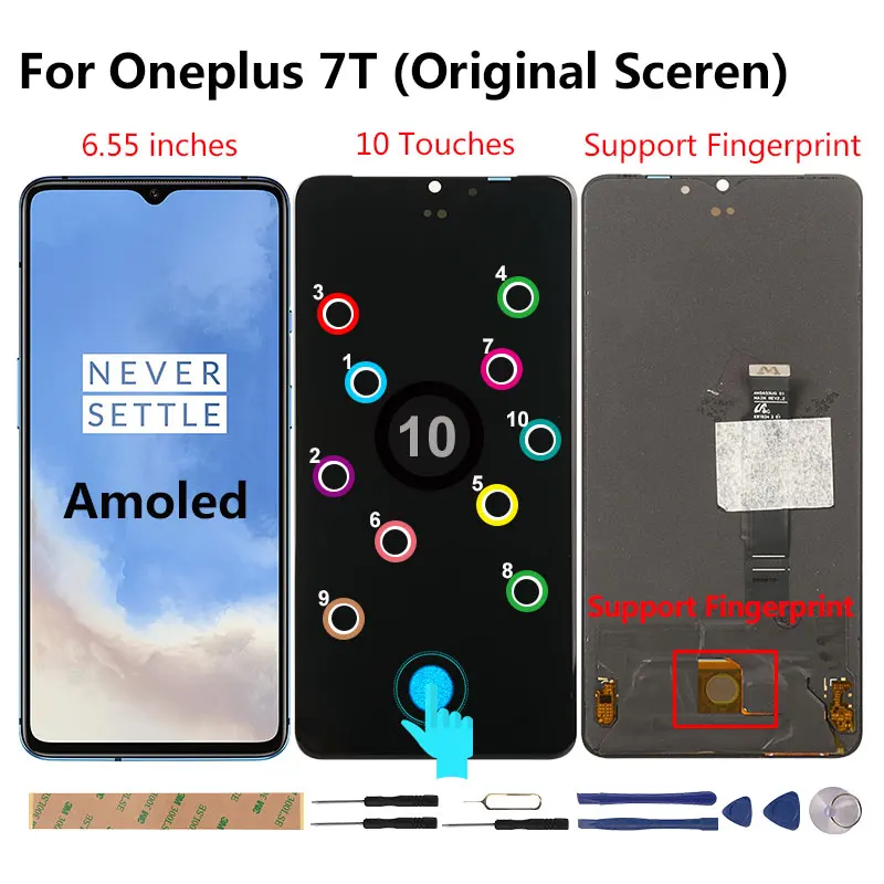 US $120.49 Amoled Display For OnePlus 7T LCD Original Raugee Screen Replacement For One Plus 7T 7 T Display Support Fingerprint 10 Touches