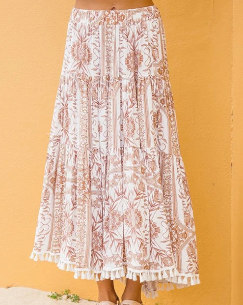 Everkaki Boho печать кистями длинная юбка Женская эластичная талия низ винтажные женские богемные юбки женские Лето Осень новинка