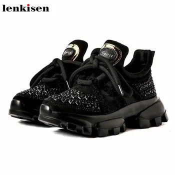 

Lenkisen shiny gorgeous crystal studded rivets sneaker cow leather round toe high street fashion women cozy vulcanized shoes L09