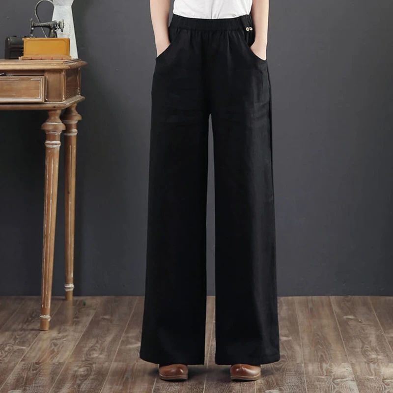 2022 Women Cotton Inen Pants Summer Elastic Solid Color Loose Casual Wide  Leg Trousers Chinese Style Vintage Pantalone Ropa - AliExpress