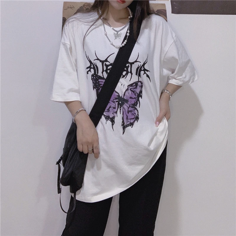 Women's T-shirts 2020 Summer butterfly Print Top Female T-shirt Harajuku Vintage Clothes White O-neck Casual Ladies Tops Shirts