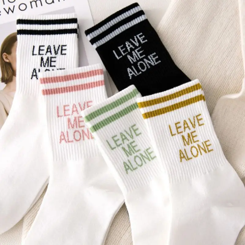 Женские забавные печатные буквы, хлопковые длинные носки, Две полосатые вертикальные носки в стиле хип-хоп