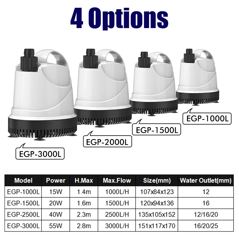 Smart Anti-dry Silent Submersible Pump Pond Fish Tank Aquarium Water Pump with Water Outlets& Hose 15W/20W/40W/55W/80W/130W