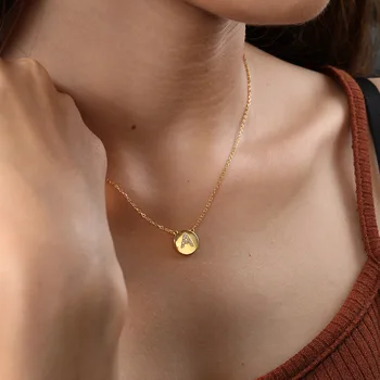 

Real 925 sterling silver round pendant necklace for women, simple crystal letter necklaces & pendants gold color jewelry