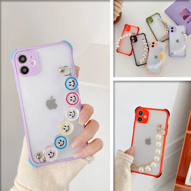 Жемчужный силиконовый чехол со смайликом и браслетом на цепочке для Samsung Galaxy S21 S20