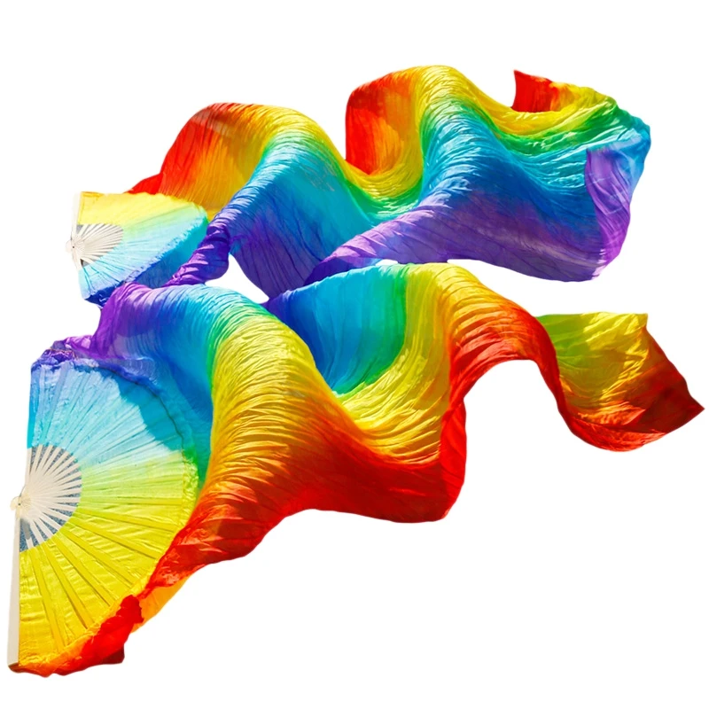 

Handmade Women Quality Belly Dance Fan Dance 100% Real Silk Veil Rainbow Colors 180x70Cm