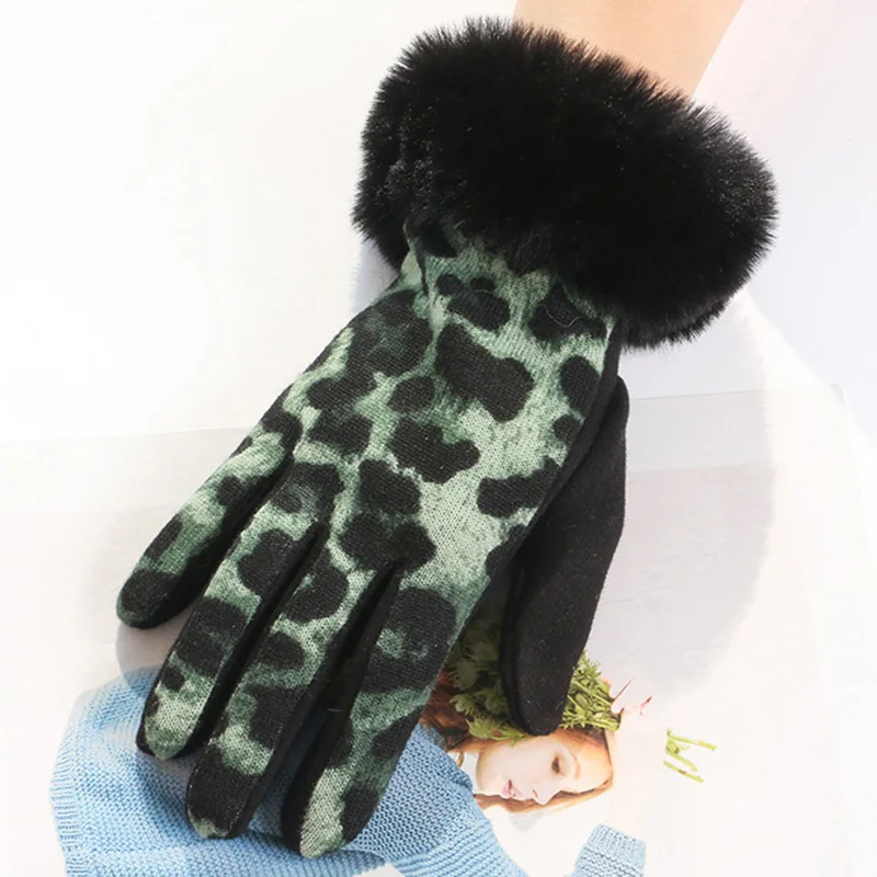Женские лыжные перчатки с леопардовым принтом, с сенсорным экраном, зимние женские теплые кашемировые перчатки с имитацией кроличьего меха, с манжетами, D69 - Цвет: Dark Green