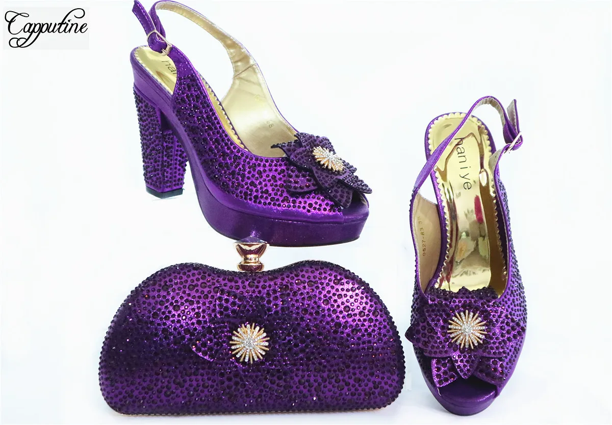 Purple Party Set African Lady Pump Shoes And Evening Handbag Set With Rhinestones GL1912-3 Heel Height 10.5CM Purple Party Set African Lady Pump Shoes And Evening Handbag Set With Rhinestones GL1912-3 Heel Height 10.5CM