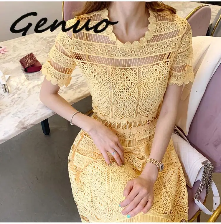

High Quality Runway Yellow Lace Dress 2019 Summer Women Short Sleeve O-Neck Hollow Out Crochet Slim Prom Office Party Long Dress