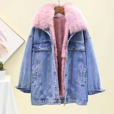 Pink Зимняя новая джинсовая куртка Женская свободная съемная подкладка из кроличьего меха Лисий меховой воротник вышивка Толстая джинсовая куртка женская Dasic пальто - Цвет: Pink
