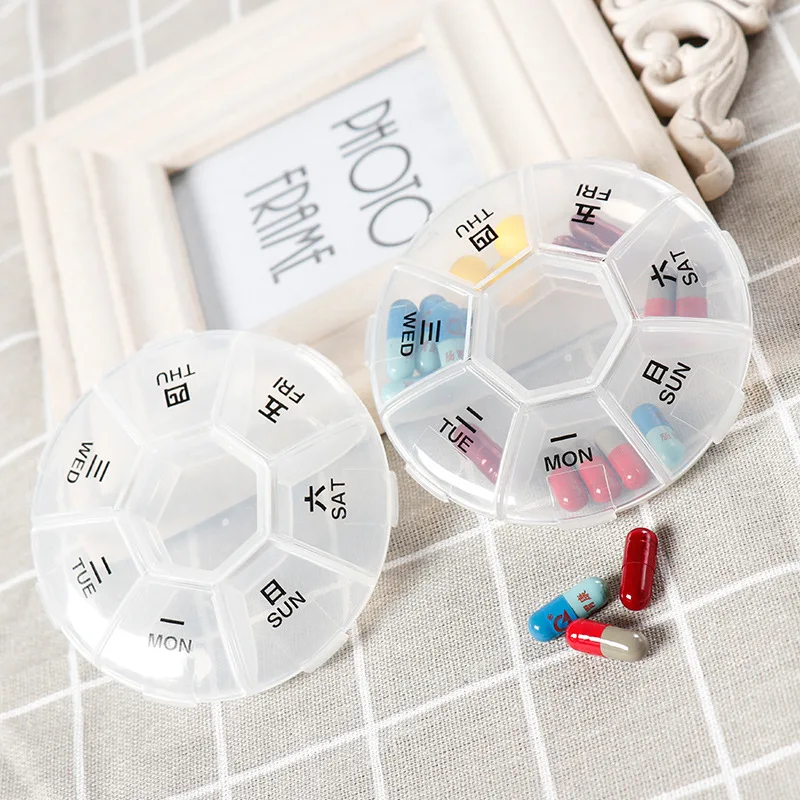 Tablet pillbox Multifunctional round 7-segment weekly medicinebox rotating pill box portable 7-segment plastic carry-on pillbox Tablet pillbox Multifunctional round 7-segment weekly medicinebox rotating pill box portable 7-segment plastic carry-on pillbox