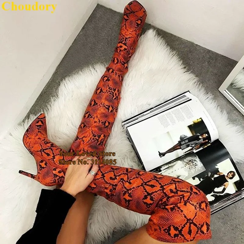as picture Choudory/высокие сапоги с принтом змеиной кожи; цвет оранжевый, серый; сапоги до бедра на шпильке; сапоги-гладиаторы выше колена; сапоги питона; размер 47 - Цвет: as picture