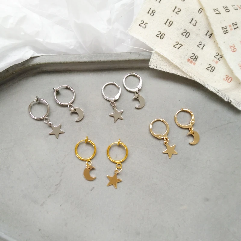 Серьги-кольца в Корейском стиле с маленькими звездами и лунами, индивидуальные крошечные серьги, повседневная одежда, круглые серьги для пирсинга, Bijoux Brincos