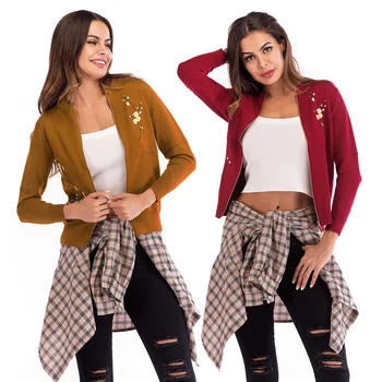 

Women Lady Long Sleeve Zipper Knitting Embroidery Cardigan for Autumn Winter IK88