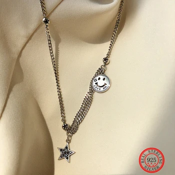 

S925 Sterling Silver Star Smiley Necklace Women Accessories Fashion Friends Clavicle Chain Vintage Thai Statement Kpop Jewelry