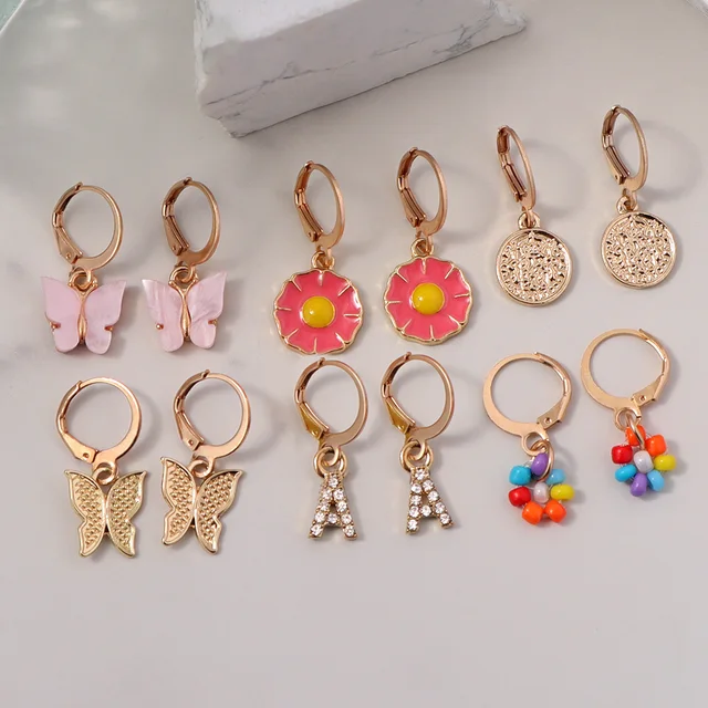 Flatfoosie 5Pair Pink Blue Heart Butterfly Drop Earrings Set For Women Boho Cute Star Moon Eye Dangle Earring 2022 Trend Jewelry 154101MC