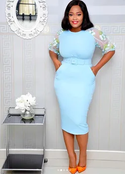 

Women Plus Size Office Work Midi Dress Lady Short Sleeve Pencil Bodycon Dresses Female Solid Pink Casual Party Vestidos Belt