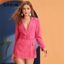 SHEIN ярко-розовый глубокий v-образный вырез зазубренный элегантный Блейзер платье с поясом женские осенние двубортные передние блейзеры с карманами платья