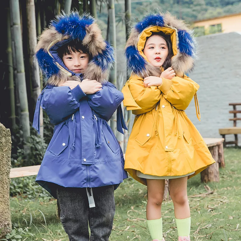 

2019 New Winter 90% White Duck Down Children's Garment Long Fur Collar Hooded Down Jacket Fashion Loose Solid Coat 1988