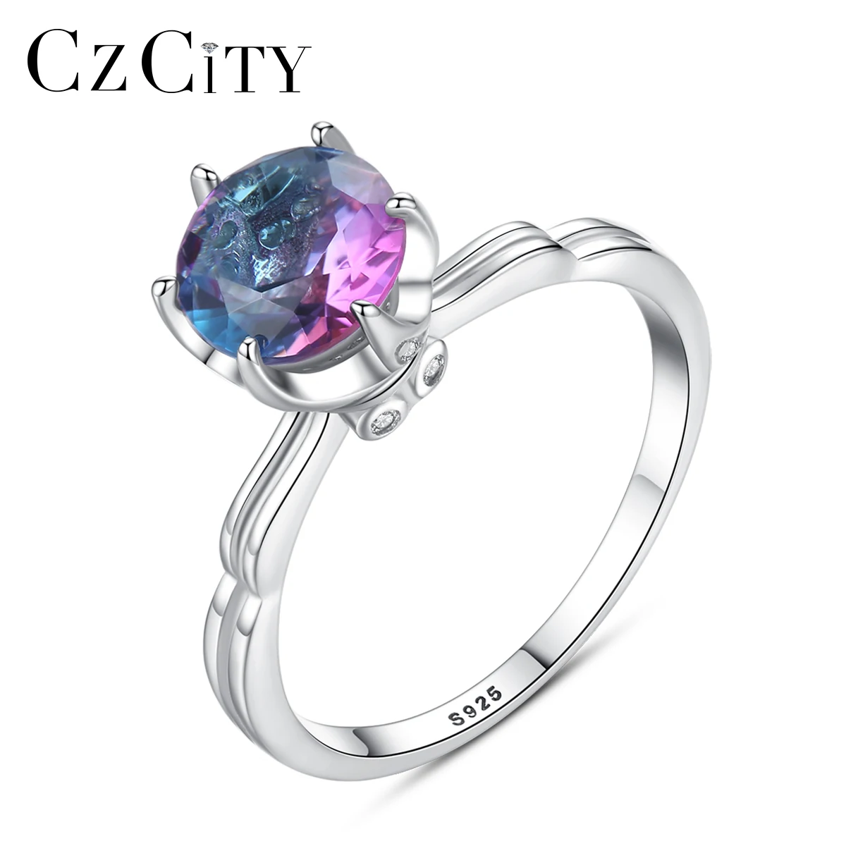 CZCITY, настоящее 925 пробы, серебряное, Радужное, огненное, мистический топаз, твердое кольцо для женщин, ювелирное изделие, подарок, хорошее ювелирное изделие, обручальное кольцо