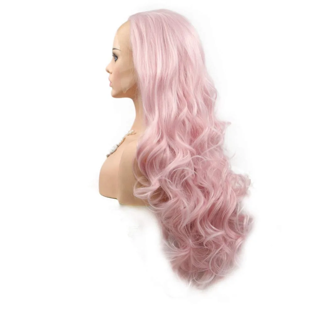 Cor-de-rosa da Hortelã Dianteira do Laço da Onda do Corpo Longo com Linha Peruca Sintética Verde Azul Escuro Neon Fina Natural 5 corpo com linha de cabelo natural peruca