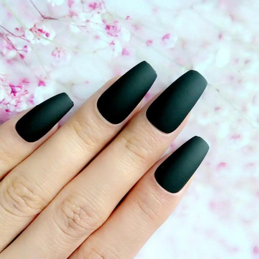 

Matte Black Ballerina Coffin False Fingernails Long Artificial Fake Nails With Design Full Cover Tips Manicure Tool