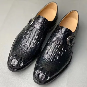 

Authentic Real Crocodile Skin Buckle Strap Businessmen Black Dress Shoes Genuine Alligator Leather Handmade Male Round Toe Shoes