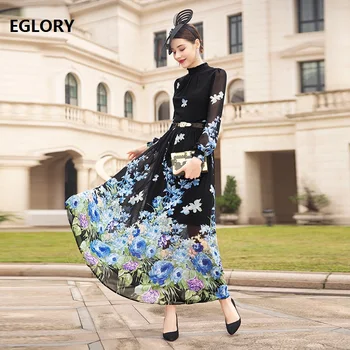 

High Quality Brand Chiffon Long Dress 2020 Spring Party Evening Women Blue Floral Print Long Sleeve Maxi Dress Big Size 2xl 3xl