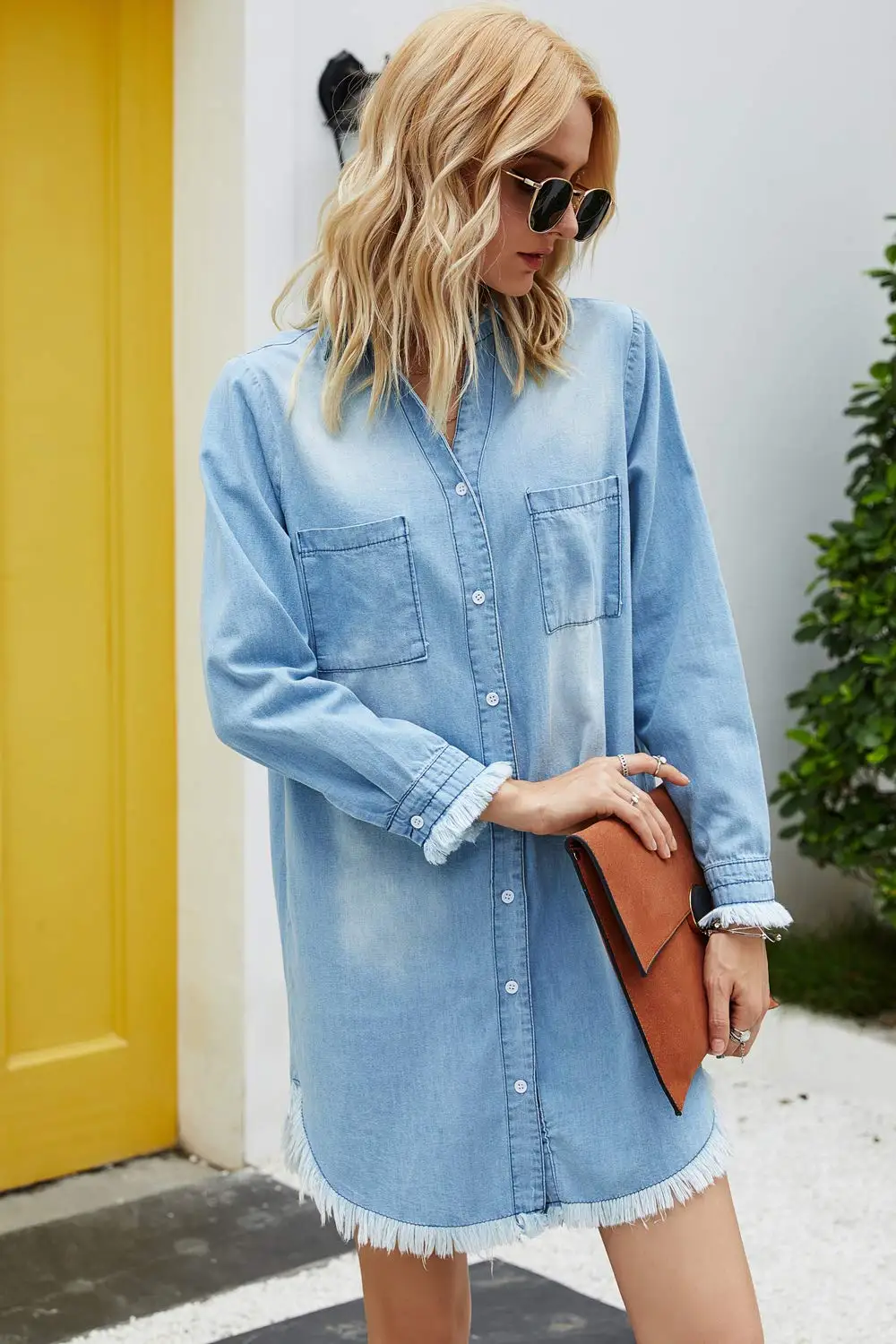 Women Denim Shirt Dresses Long Sleeve 