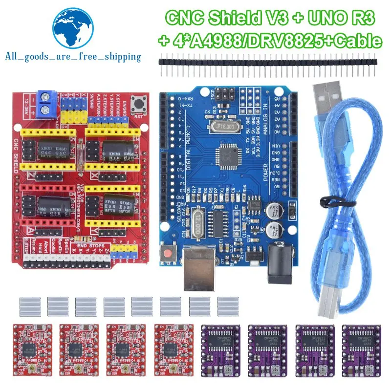 TZT CNC Shield V3 Engraving Machine 3D Printe+ 4pcs DRV8825 Or A4988 Driver Expansion Board For Arduino + UNO R3 With USB Cable