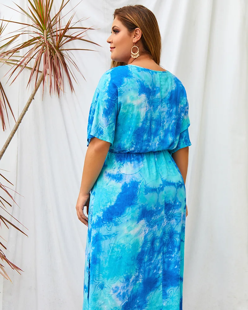 Новое летнее длинное платье размера плюс для женщин, большое свободное Повседневное платье с v-образным вырезом и цветочным принтом, синее зеленое платье с поясом 4XL 5XL 6XL 7XL