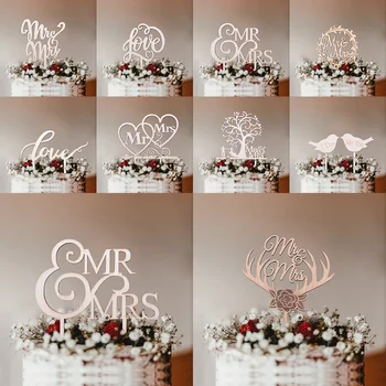 

1pcs Wedding Cake Topper Mr & Mrs Just Married Wooden Cakes Toppers DIY Laser Cut Wood Letter Engagement Wedding Favors Supplies