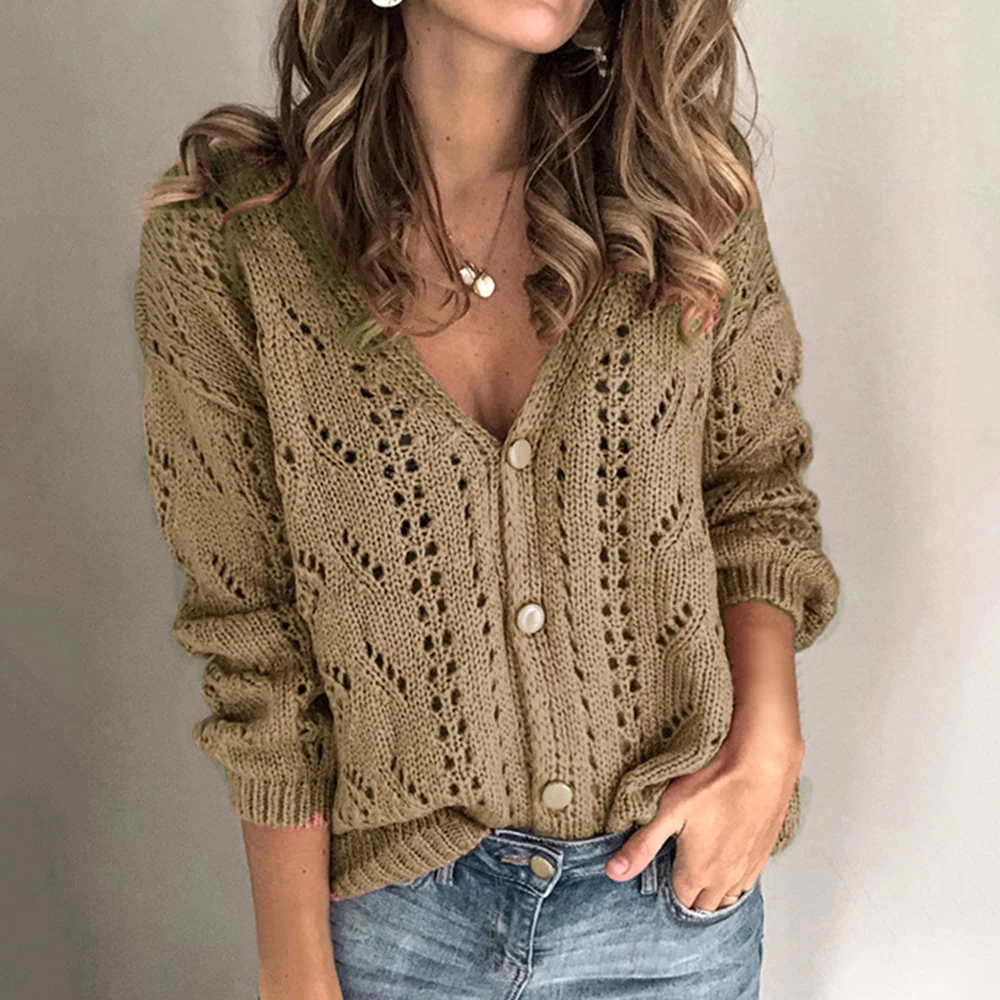 Women Sweater Cardigan Ladies Solid Color Hollow V-neck Sweater Knitted Womens Button Long Sleeve Sweaters Women 2020 Autumn