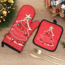 Рождественские Жаростойкие перчатки для выпечки, теплоизоляционные перчатки для микроволновой печи, рождественские двухкомпонентные перчатки для плиты или кухонного коврика