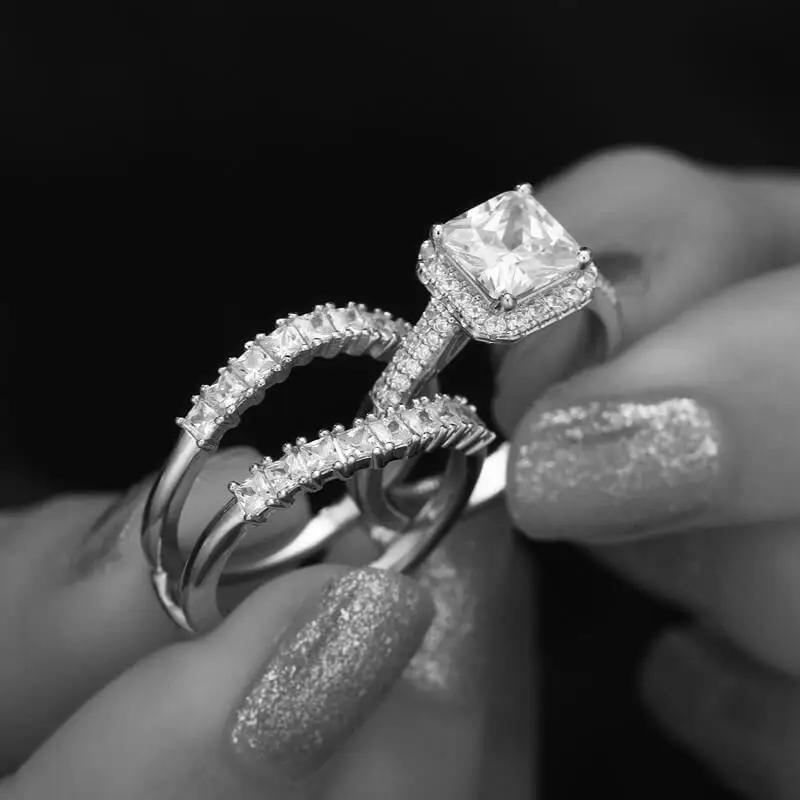 Male Female Crystal Big Squre Stone Ring Set Luxury Zircon Engagement Ring Vintage Bridal Wedding Rings For Women