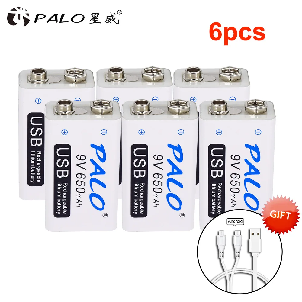 PALO 650 mаh 9В батареи USB 6F22 литиевая батарея 9 В литий-ионная перезаряжающаяся батарея для микрофона гитары EQ Дымовая пожарная сигнализация мультиметр - Цвет: 6Pcs