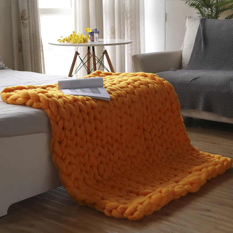 Orange yellow Супер толстые вязаные одеяла, домашние декоративные одеяла для дивана, стула, кровати, вязаные одеяла из мериносовой шерсти - Цвет: Orange yellow