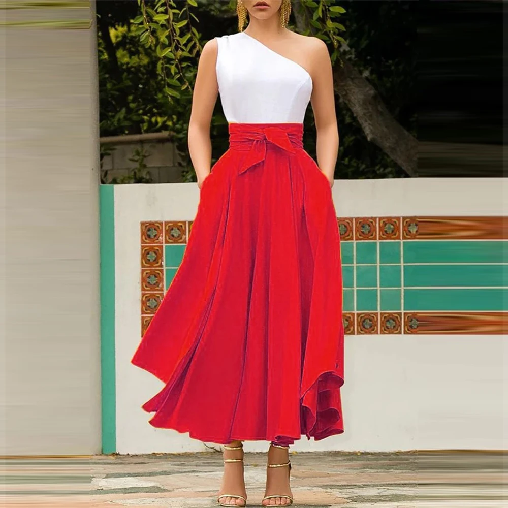 

Autumn Elegant Pleated Long Skirt Women Casual Solid Color High Waist Maxi Pleated Skirt Fashion Trim Belt Party Skirt Vintage