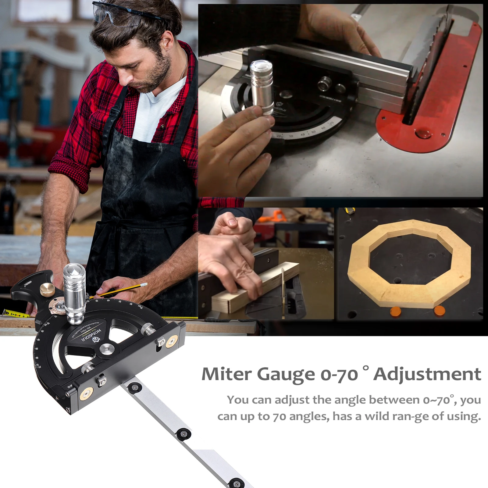HONGDUI Miter Gauge 0-70 ° Adjustment Woodworking Table Saw Handle 70