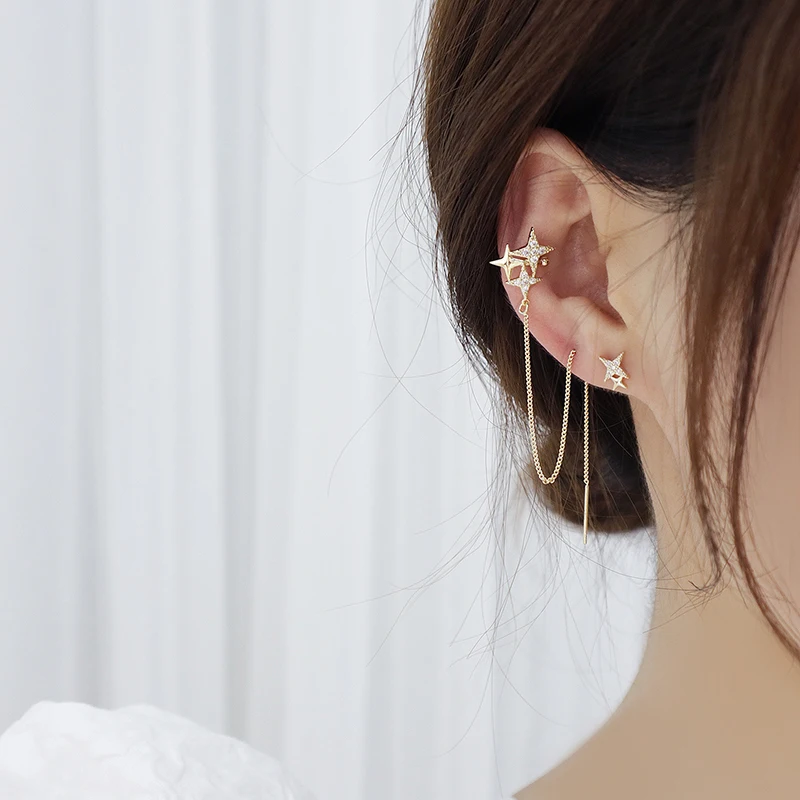Charm Bling Asymmetry Star Women Earring Temperament Tassel Chain Fashon Stud Earring Wedding Accessories Valentine’s Day